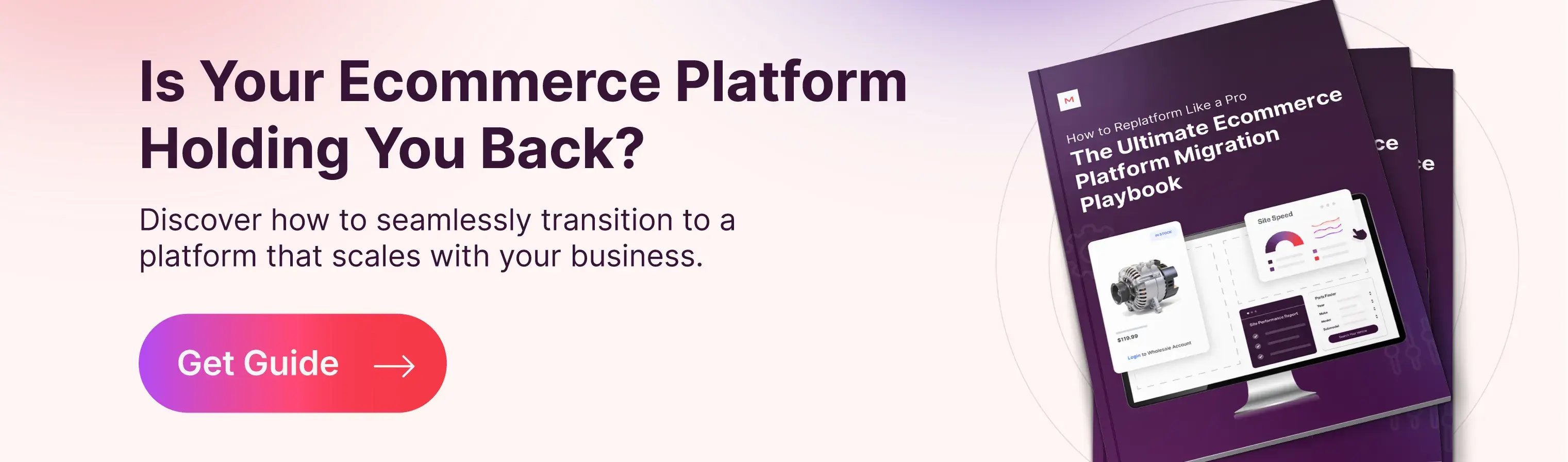Graphic promoting a guide to ecommerce platform migration, with visuals of store data, product listings, and growth arrows pointing to a new platform.