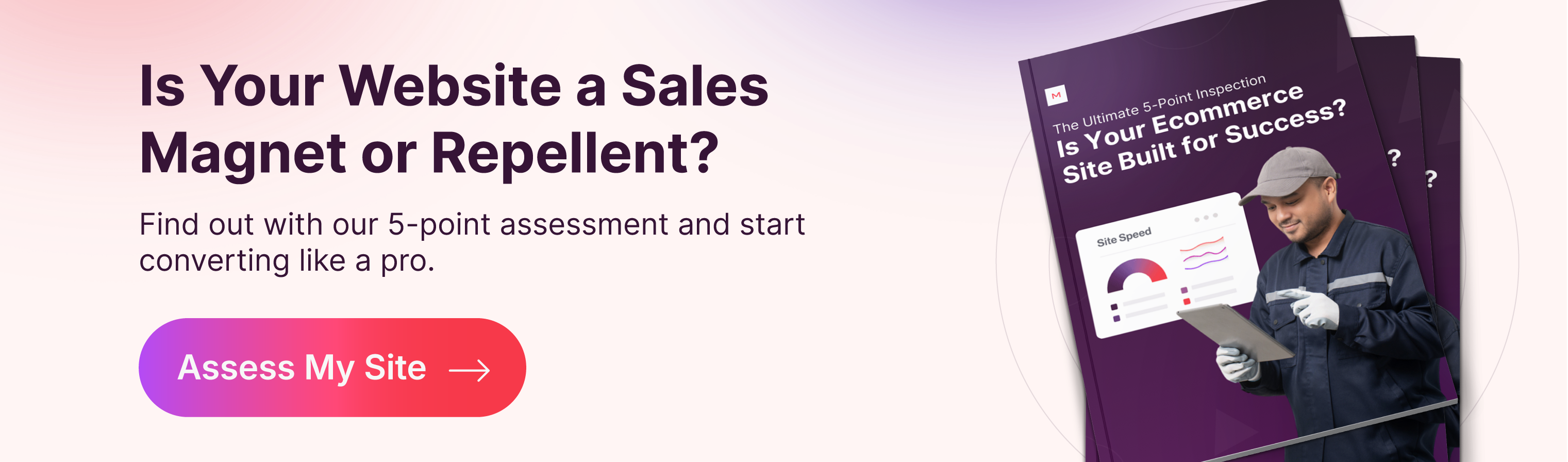 A pink gradient background with the following text overlayed in dark purple: Take our 5-point website assessment and start converting like a pro. Below, a button that says assess my site.