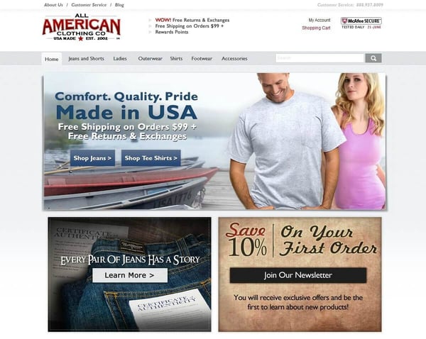 All American Clothing Company website screenshot