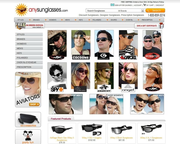 Any Sunglasses website screenshot