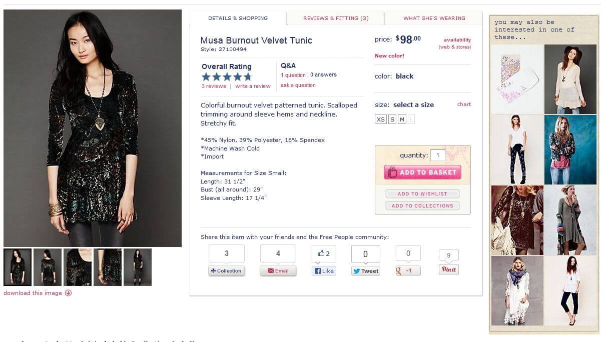 screenshot of a product page for a women's tunic with related products
