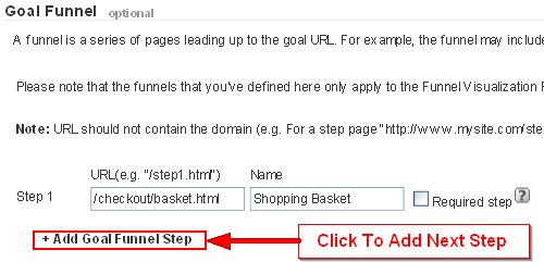 screenshot showing how to add a goal funnel step