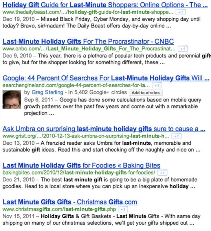 screenshot of search results for last-minute holiday gifts