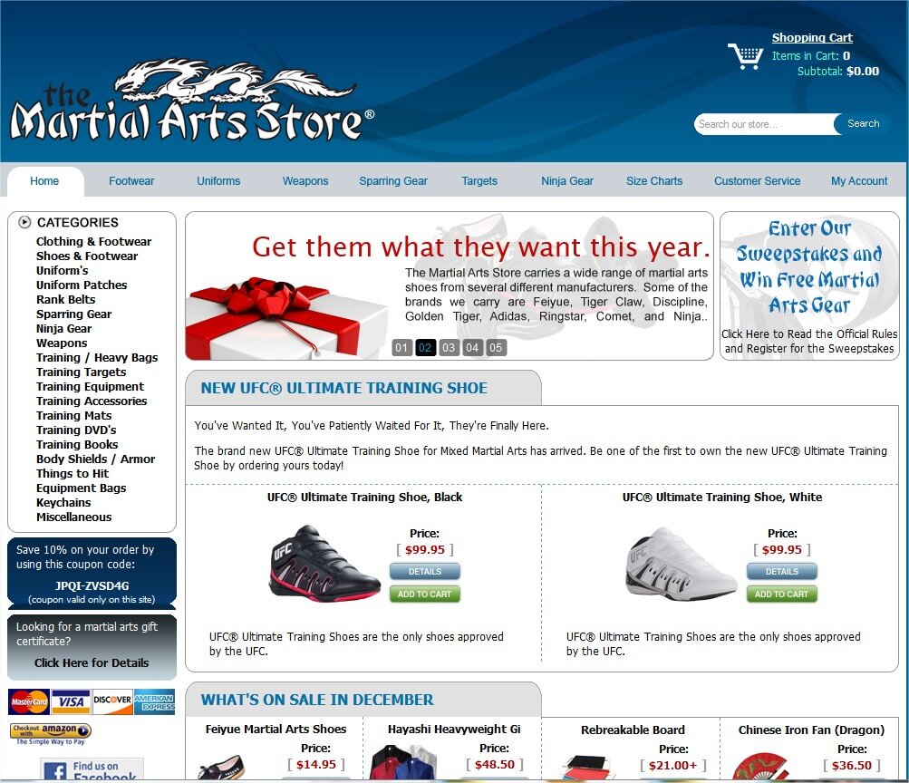 screenshot of the Martial Arts Store homepage