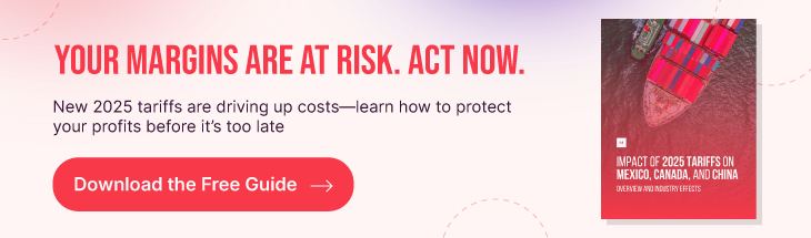 Pink gradient background with text overlayed: Your margins are at risk. Act now. New 2025 tariffs are driving up costs. Learn how to protect your profits before it's too late. Download the free guide button in red. To the right, a graphical depiction of a guide.