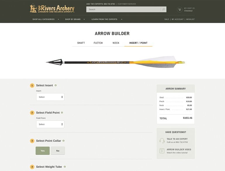The arrow builder for 3Rivers Archery is one of the many custom ecommerce features Miva has built for their clients