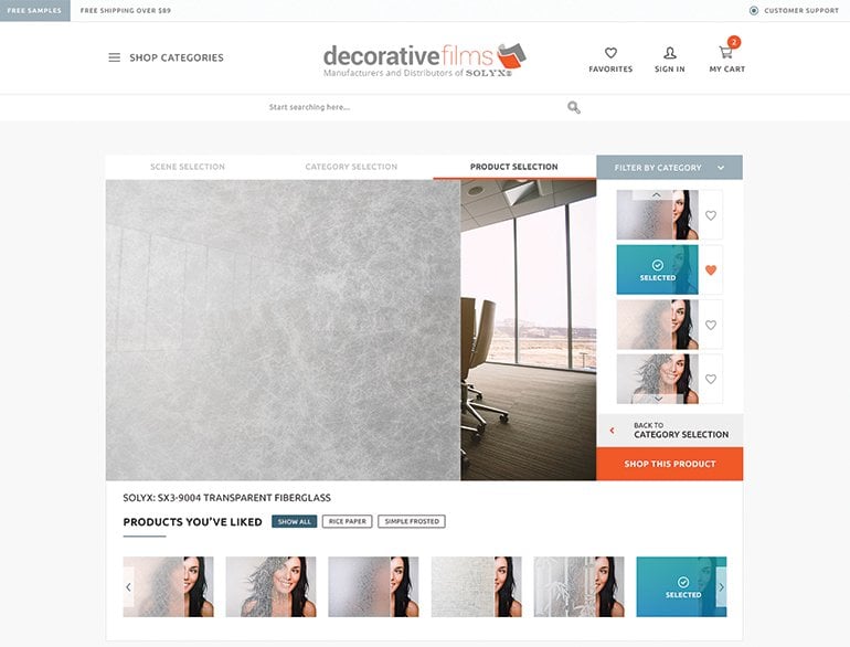 The visualizer for Decorative Films is one of the many custom ecommerce features Miva has built for their clients.