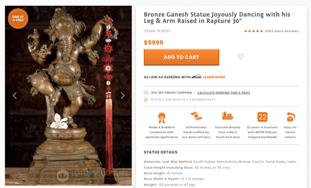 Sample product page for Bronze Ganesh Statue with Affirm payment options displayed below Add to Cart button