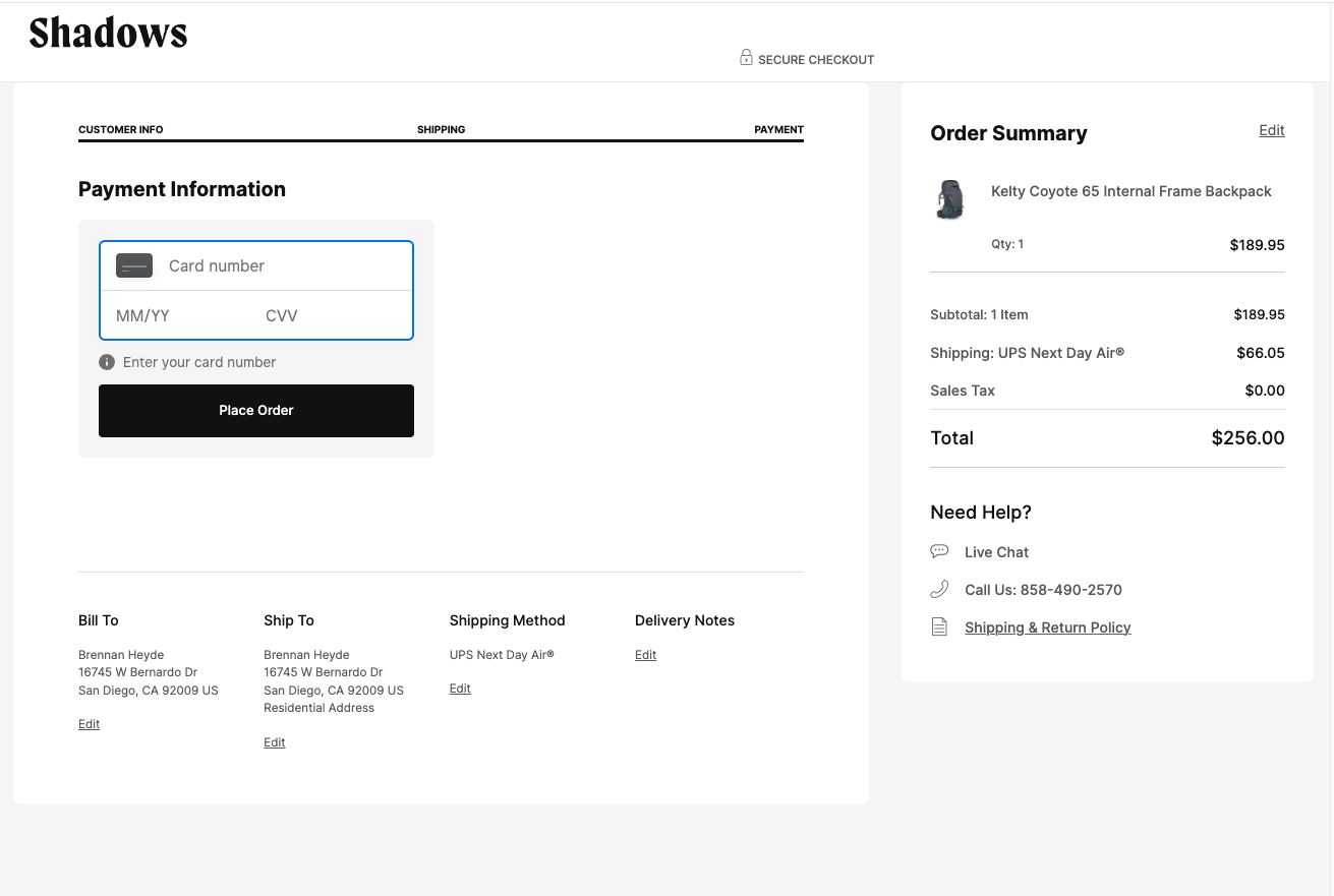 A screenshot of an ecommerce store's checkout, with a blank Payment Information field for inputting credit card information.