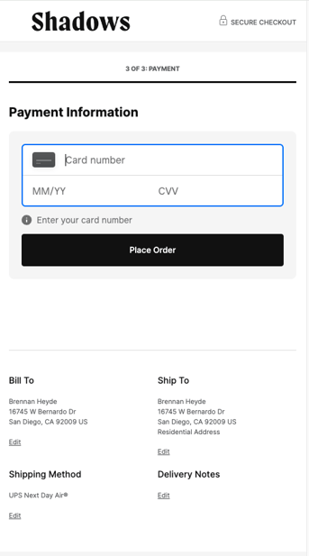 A screenshot of a mobile device screen displaying a Payment Information ecommerce screen with a field for credit card information.