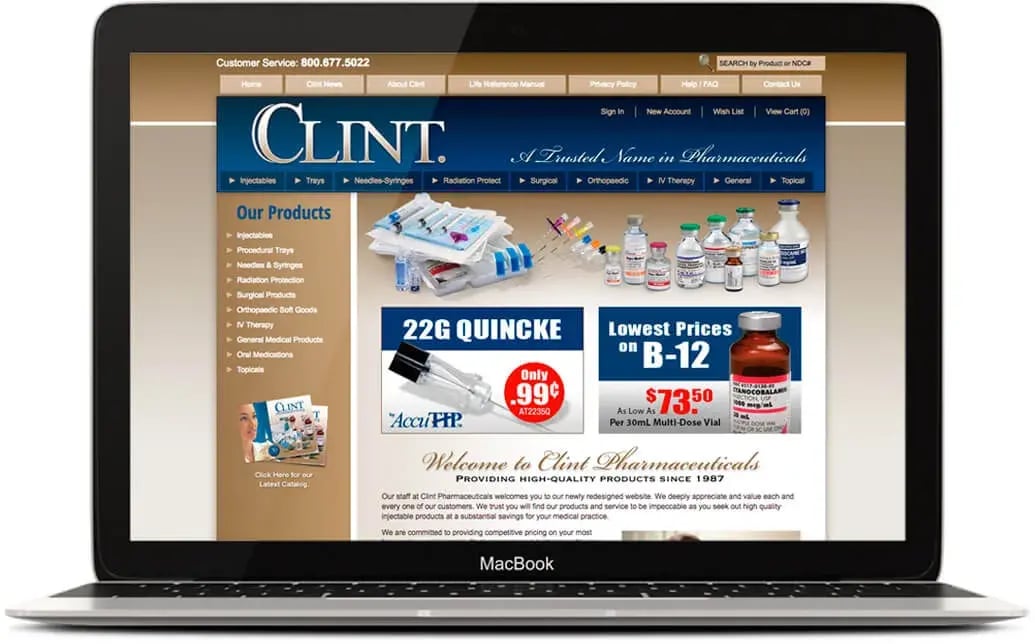 A graphic of a laptop with the Clint Pharmaceuticals website, powered by Miva, the best ecommerce platform for scalability