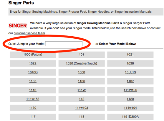 Sewing Parts website quick jump feature screenshot
