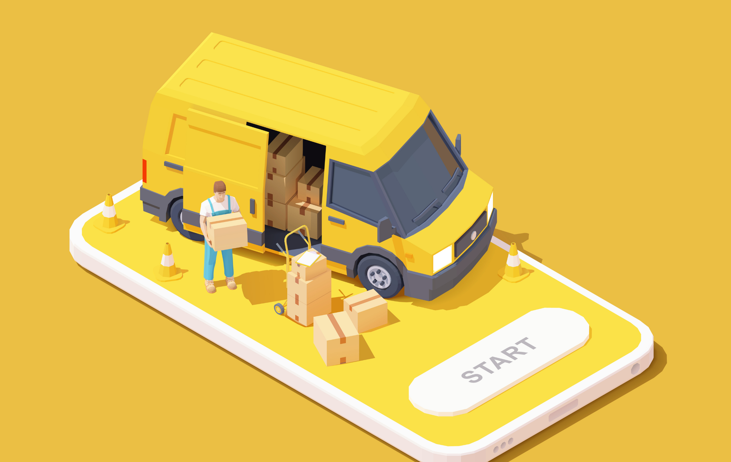 Illustration of a shipping van with a delivery person unloading ecommerce packages