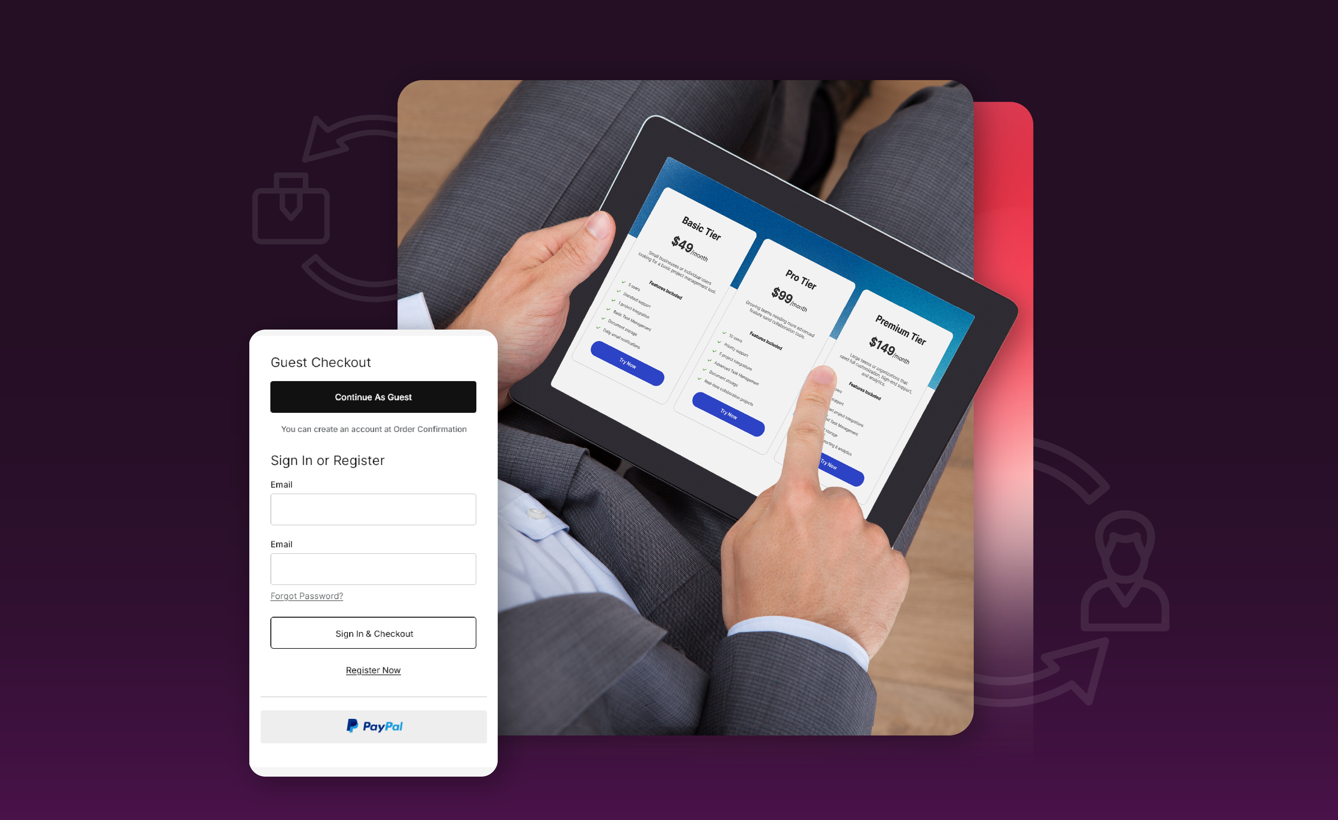 closeup of a person in a suit using a tablet. to the left, a graphic of a customer login on the best ecommerce platform