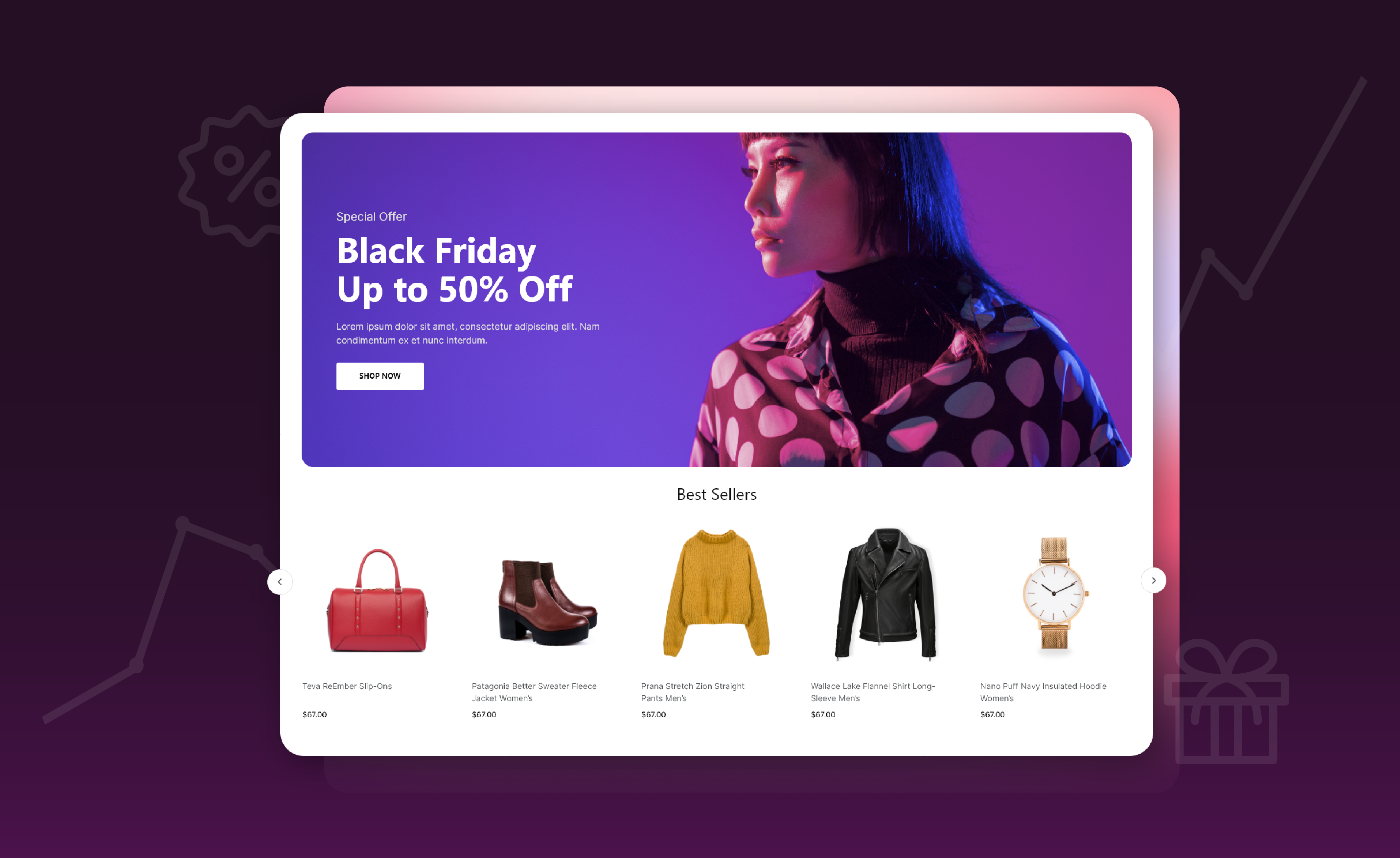 Image of a womens clothing and accessories website powered by the best ecommerce platformwith a purple banner that says Black Friday Up to 50% off. Below is a row of photos of merchandise: purse, boots, sweater, jacket, watch 