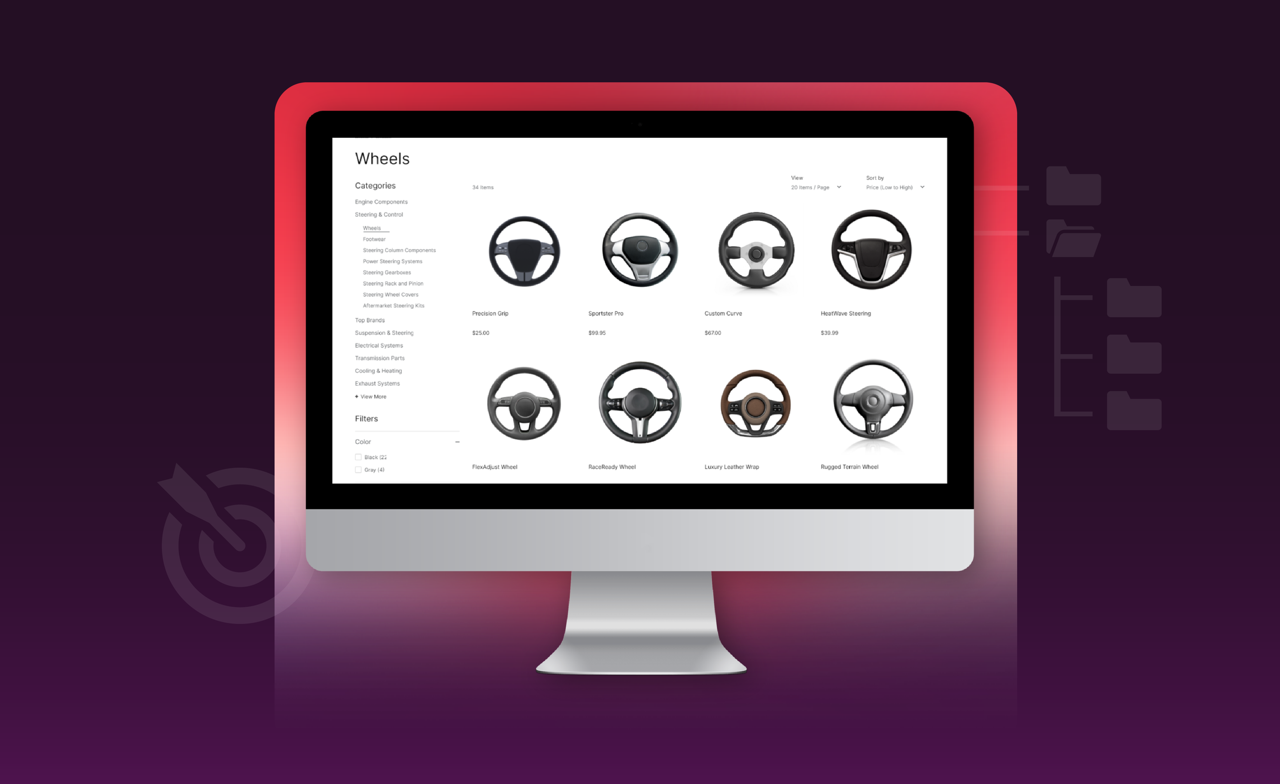 A purple background with an image of a laptop overlayed showing an automotive parts website with a large catalog, powered by the best ecommerce platform for high-sku businesses