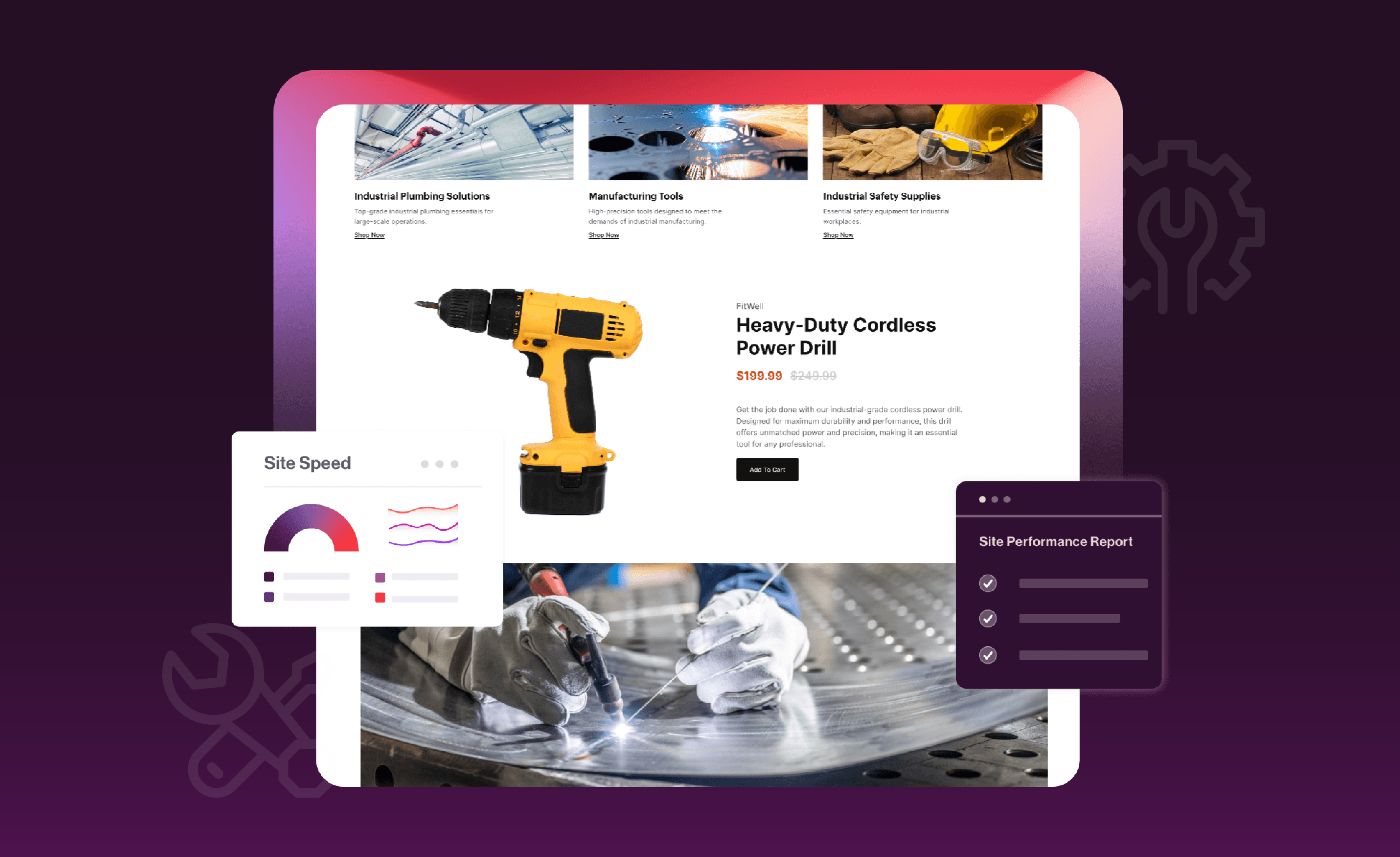 A graphical depiction of how Miva's expert-led Properform service is your eyes and ears on your website. Pictured is an ecommerce website featuring a yellow powerdrill with callouts of site performance and site speed reports to each side