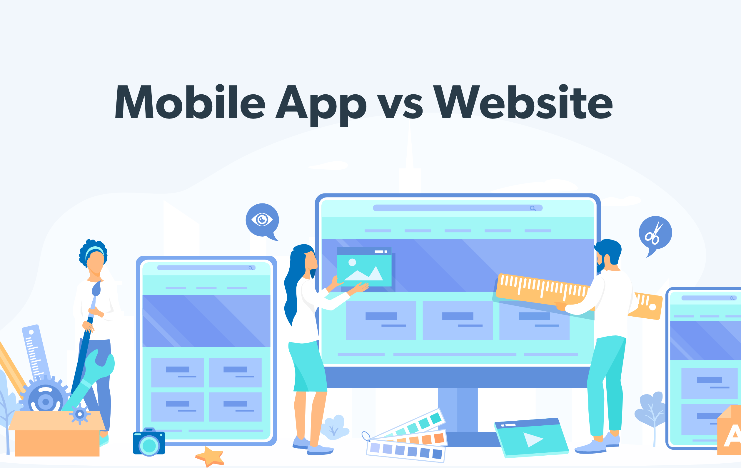 Mobile App vs Website illustration - figures build oversized mobile and desktop home pages