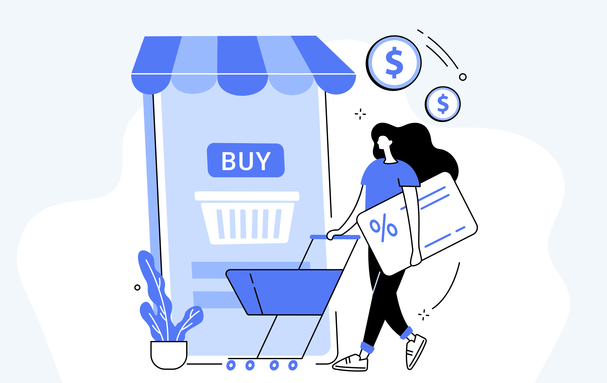 Blue and white illustration of a person pushing a shopping cart into a store 
