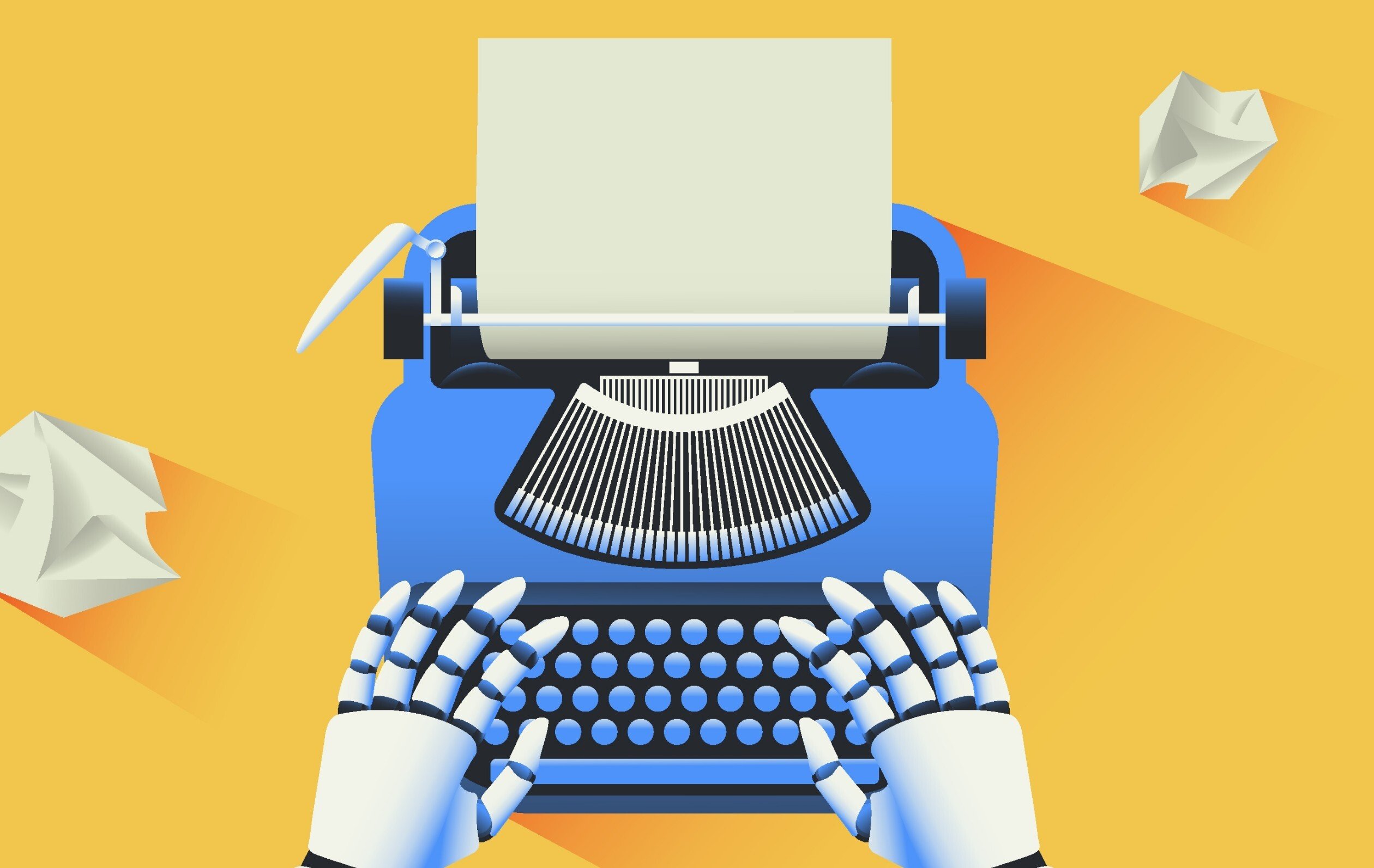 Illustration of robot hands typing on a manual typewriter.