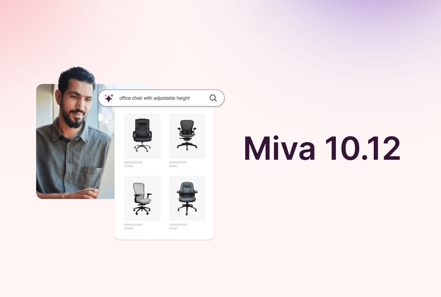 Ecommerce merchant using AI-powered product search in Miva 10.12 platform to find office chairs with adjustable height.