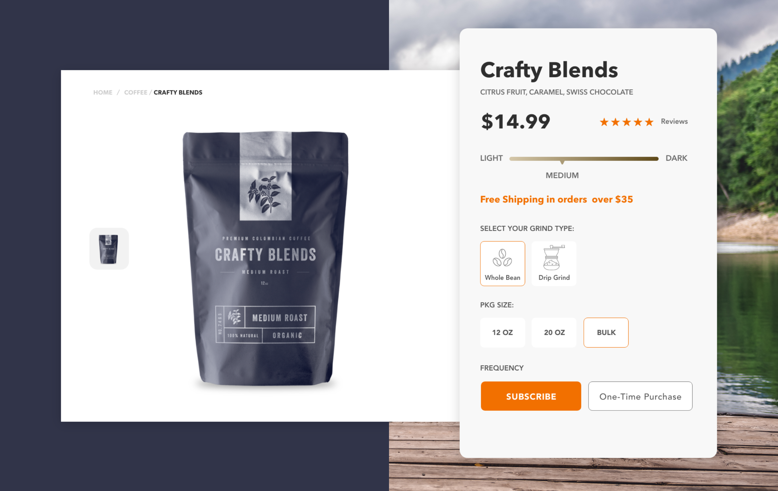Image of a website selling a bag of coffee beans online.
