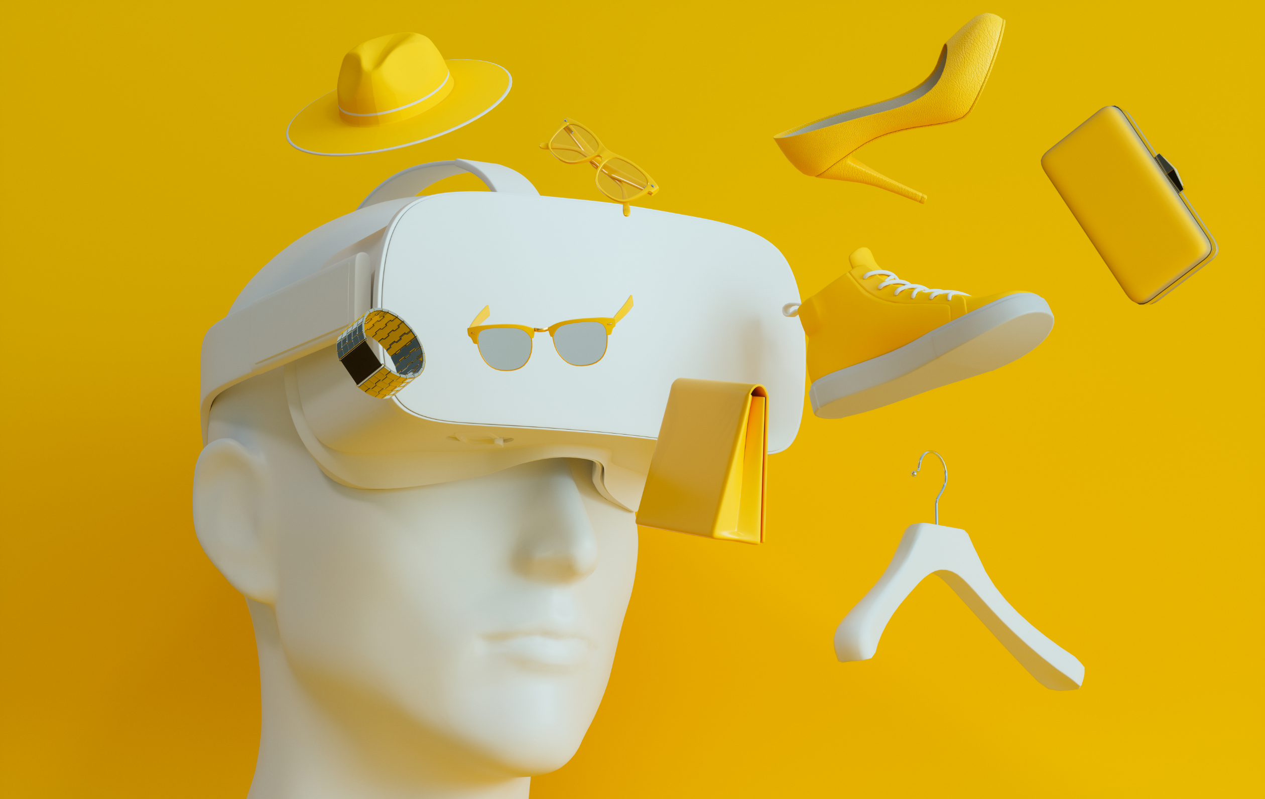 A stylized collage of futuristic ecommerce trends - man in VR goggles surrounded by images of products.