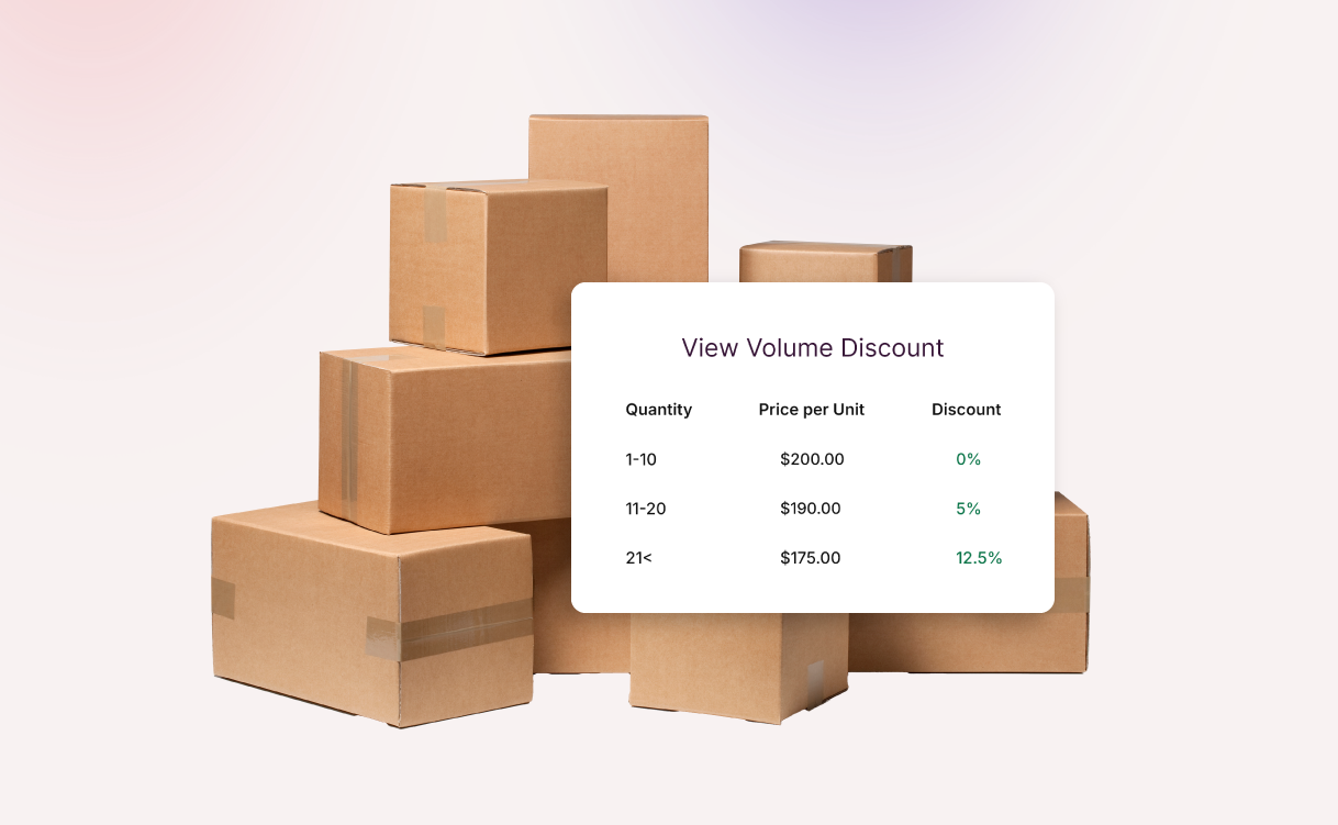 Illustration of boxes and volume pricing with decimal precision beyond two places, representing Miva's Precision Pricing for B2B ecommerce sellers.