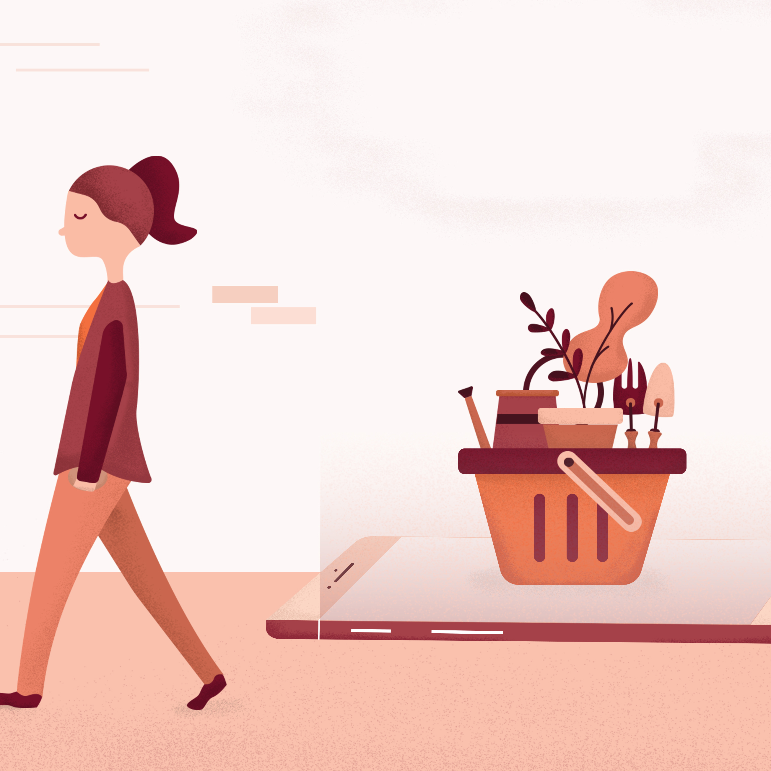Illustration of woman walking past a basket full of items.