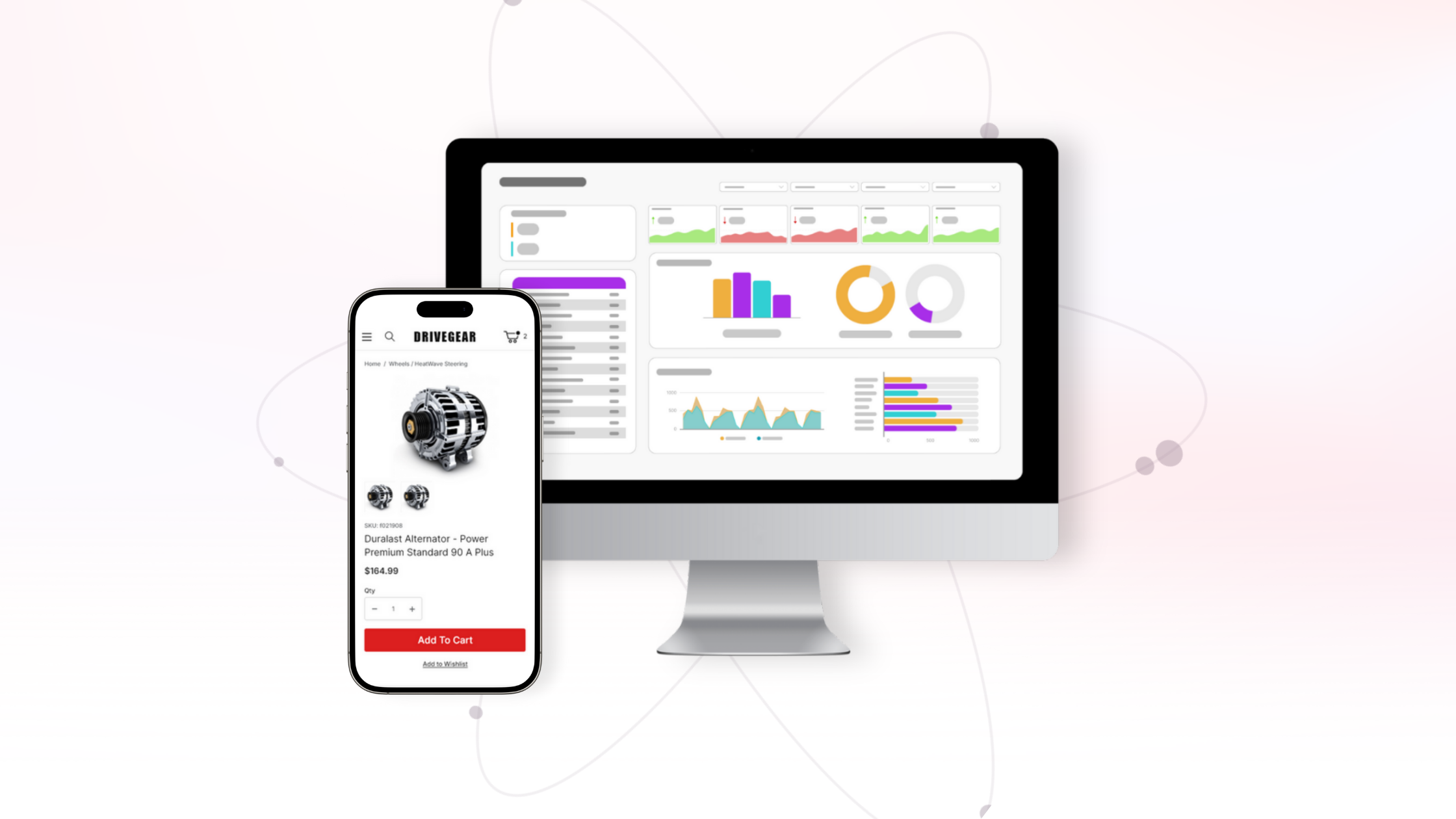 A graphical depiction of a smart phone and desktop computer with analytics from an ERP integration with Miva