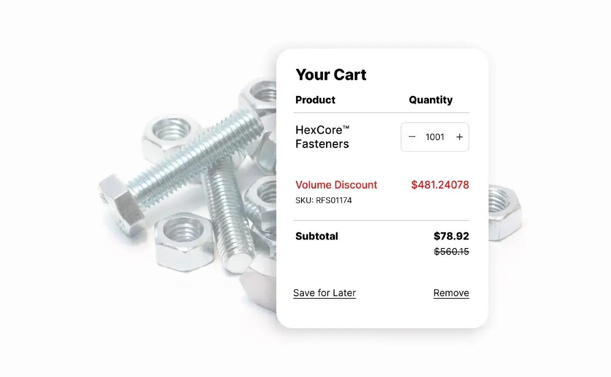 Ecommerce cart showing volume discount pricing for HexCore fasteners with bolts and nuts in the background.