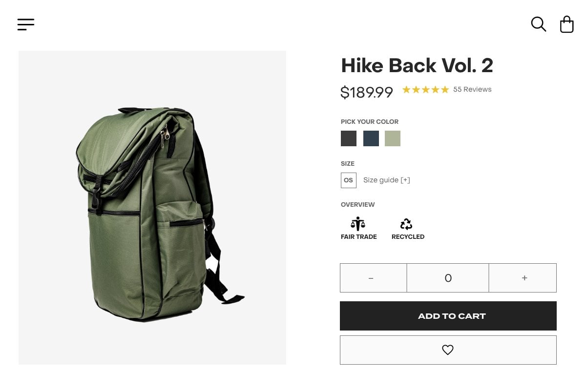 product page for backpack to illustrate good ecommerce branding