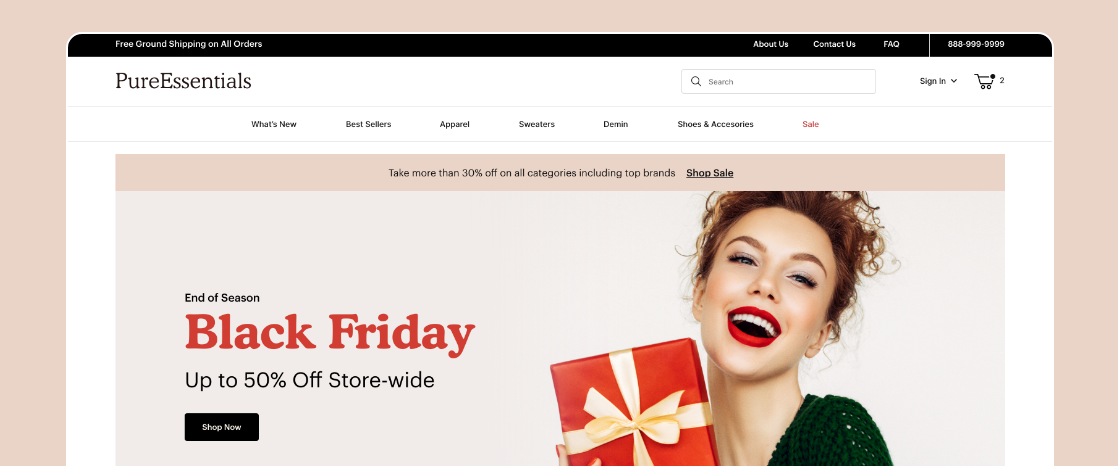 Sample ecommerce homepage features a Black Friday promotion banner with a smiling woman and a wrapped gift.