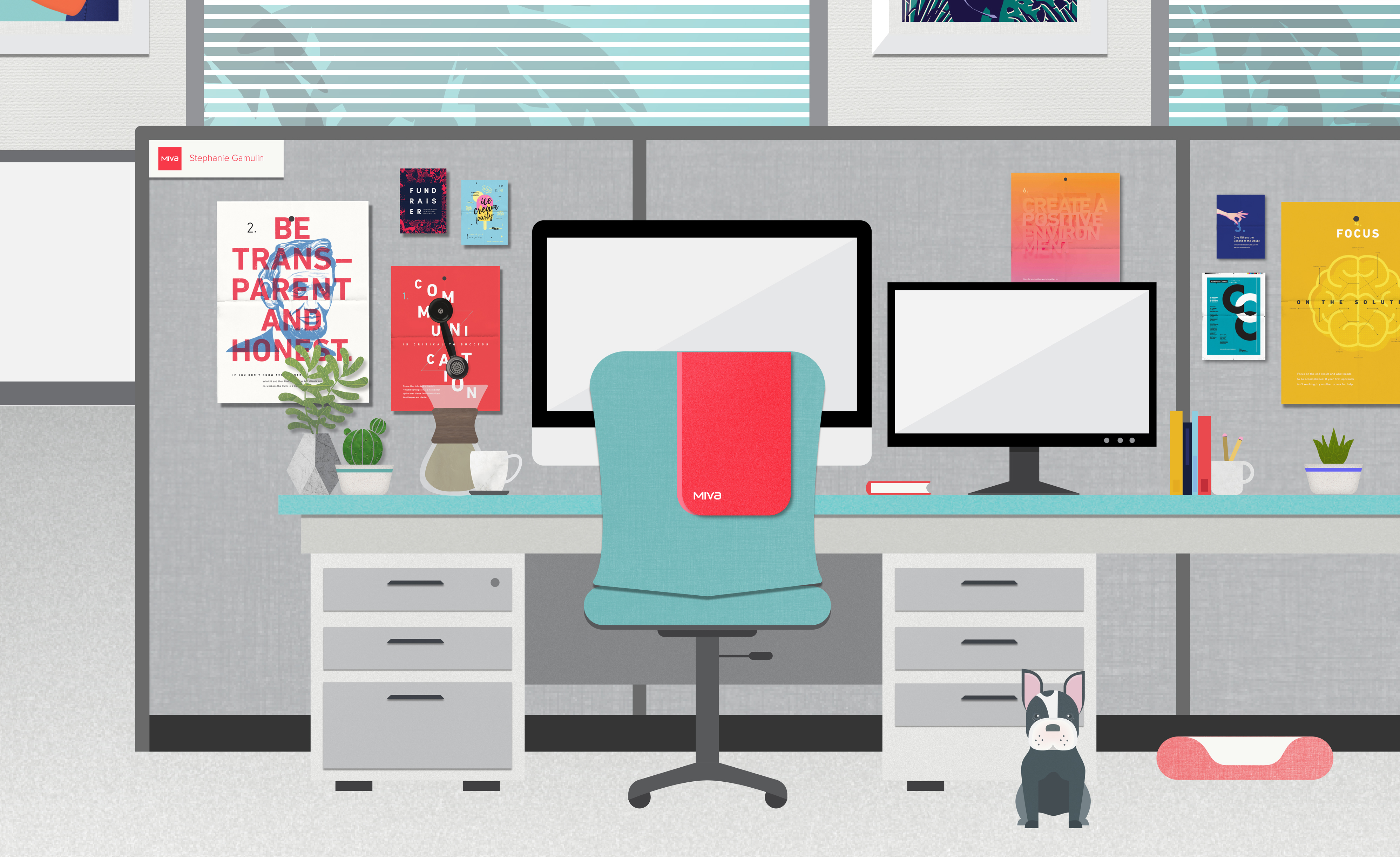 Illustration of desk in office with inspirational posters