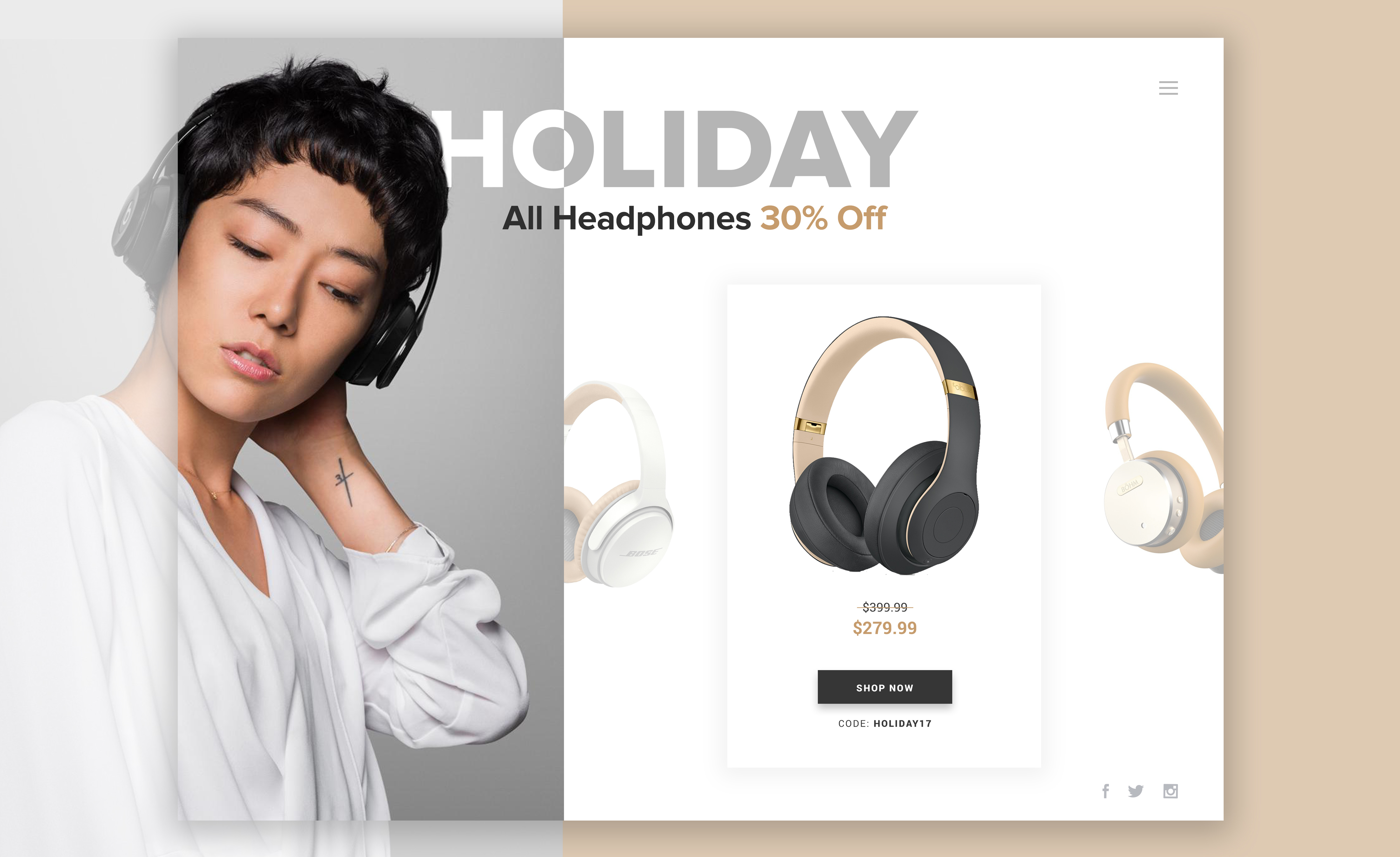 Ecommerce product page featuring headphones and person wearing headphones