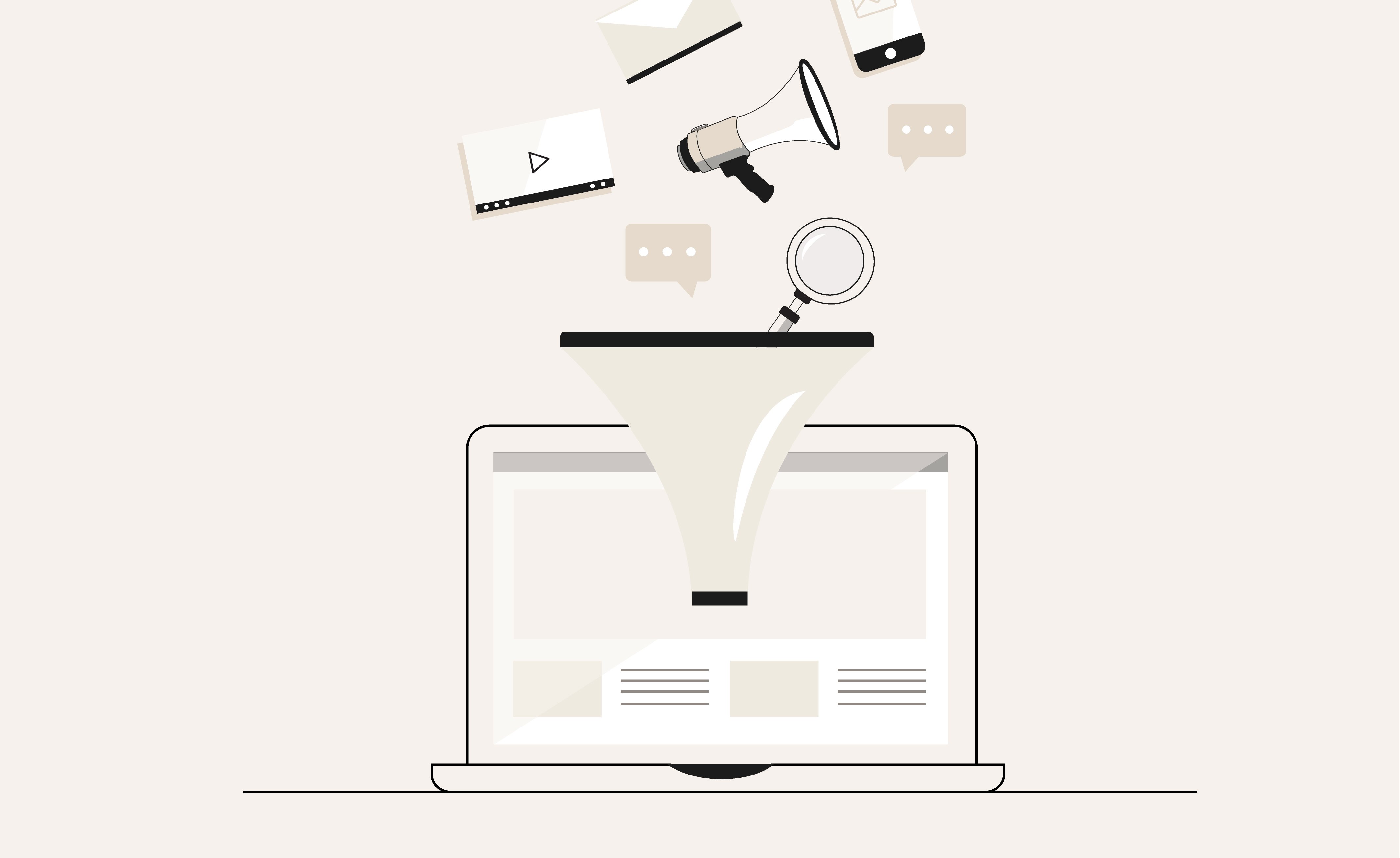 Illustration of a funnel collecting various ecommerce icons into a laptop.