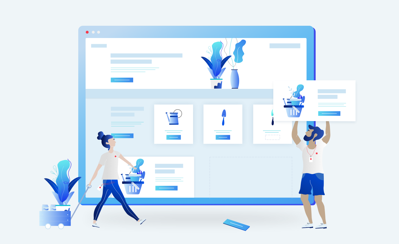Illustration of a couple adding product icons to a large ecommerce web page