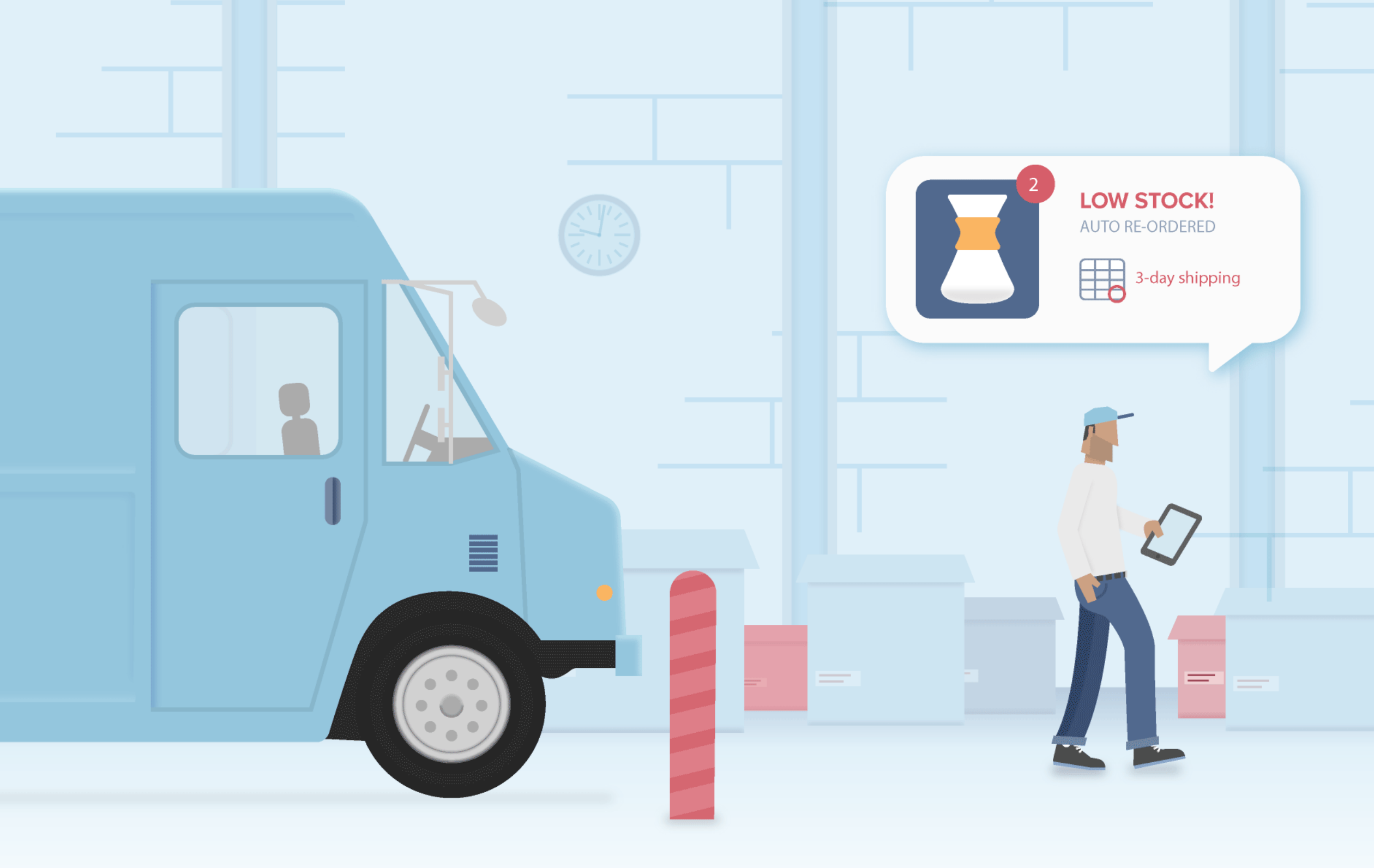 Illustration of the truck and a person in a warehouse