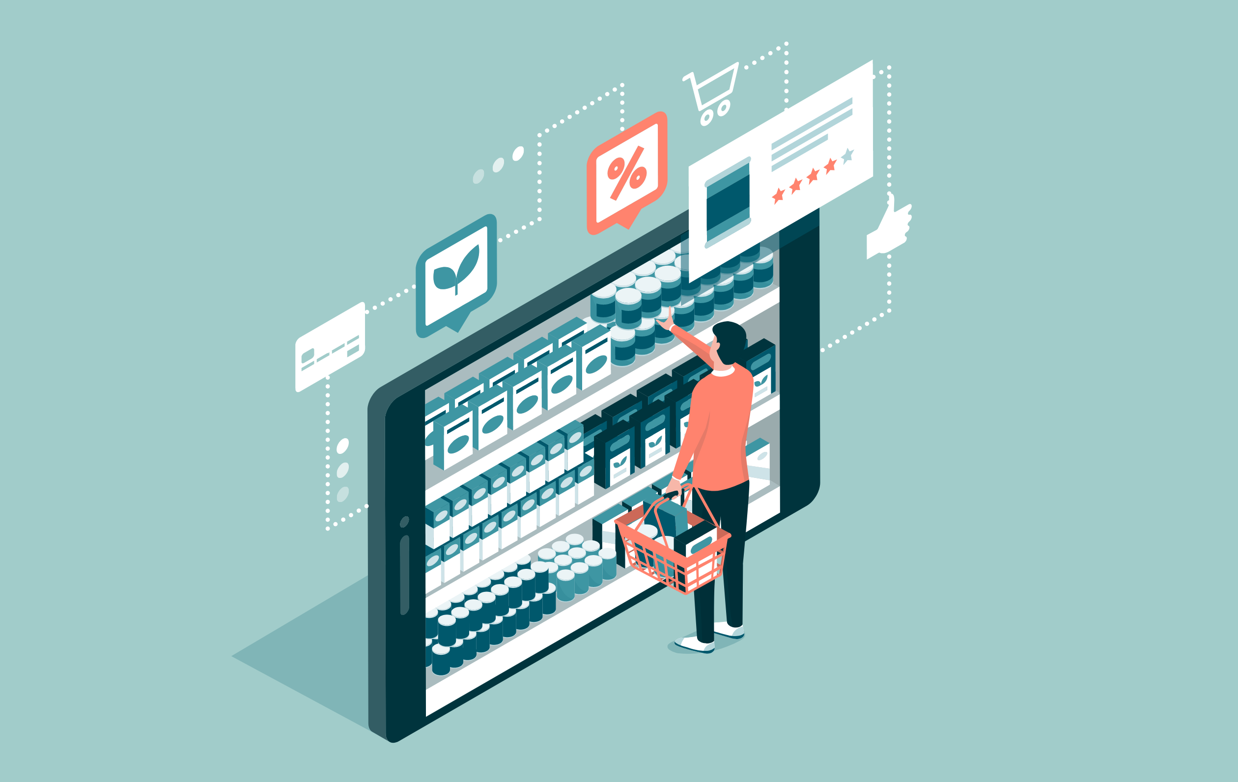 Illustration of a man shopping for an ecommerce platform in a market full of options.