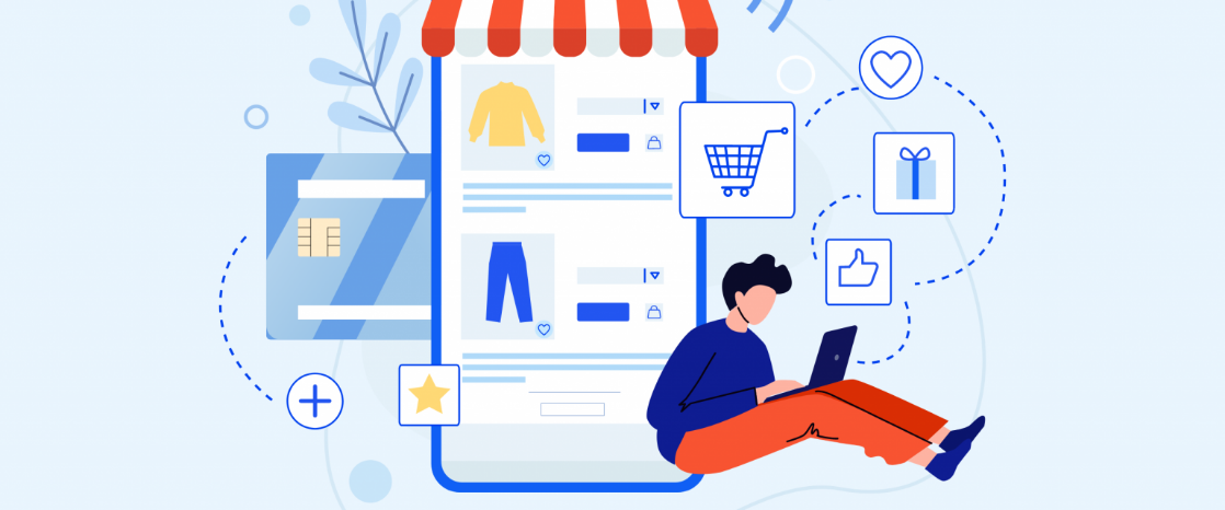 Illustration of shopper browsing items on a laptop.