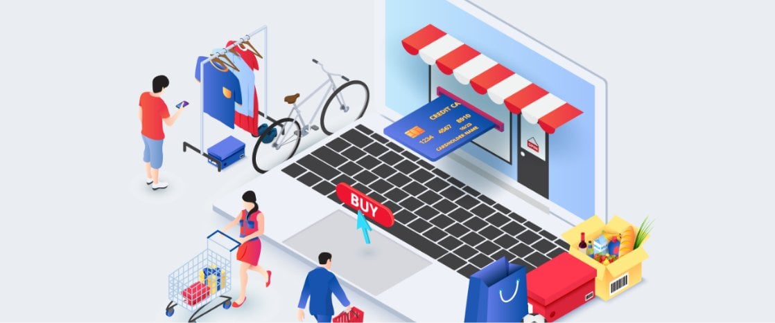Illustration of people shopping in an ecommerce store built into a giant laptop.