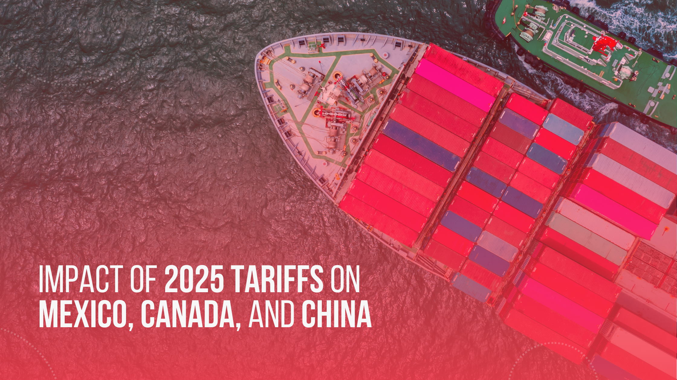 An image of a cargo ship view from above with text overlayed: Impact of 2025 tariffs on Mexico, Canada, and China