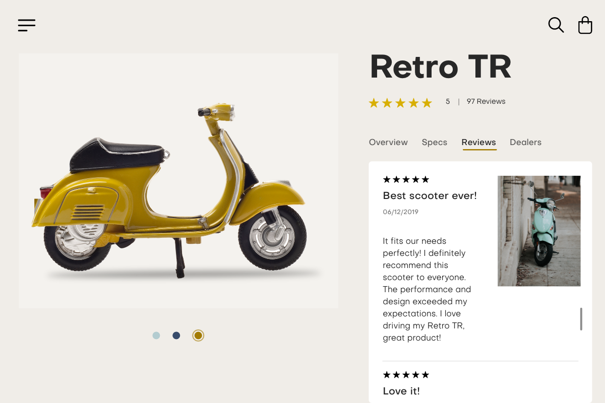 Example product page for a Scooter, with product image product name, and example customer review.