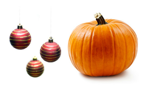 Christmas ornaments and a pumpkin.