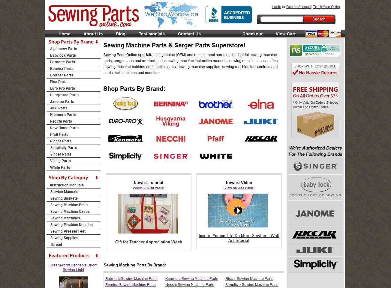 Screenshot of Sewing Parts ecommerce website